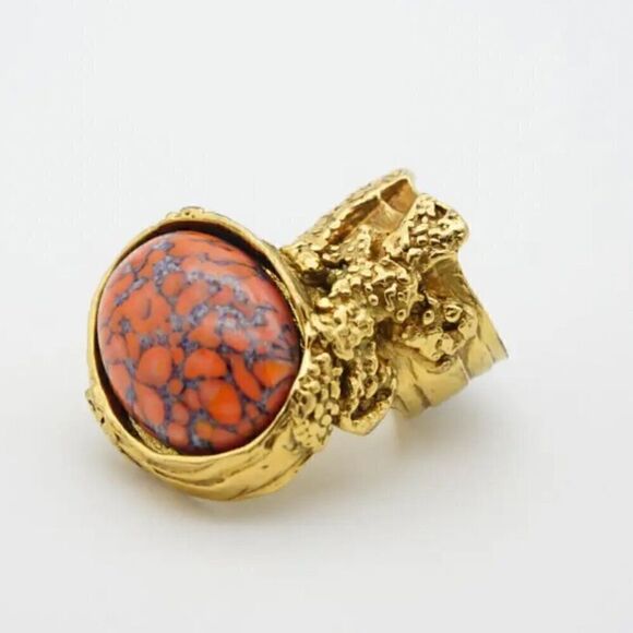 Yves Saint Laurent YSL 5 Arty Orange Coral Cabochon Limited RARE 24k Gold Ring - Picture 14 of 14
